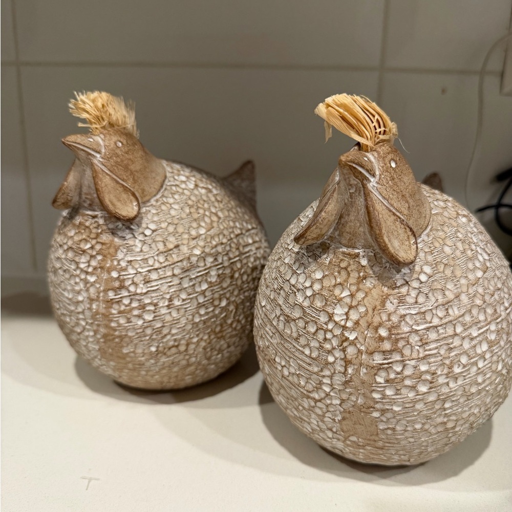 NEW Rustic Farmhouse Chicken Figurines set of 2- natural textured home decor